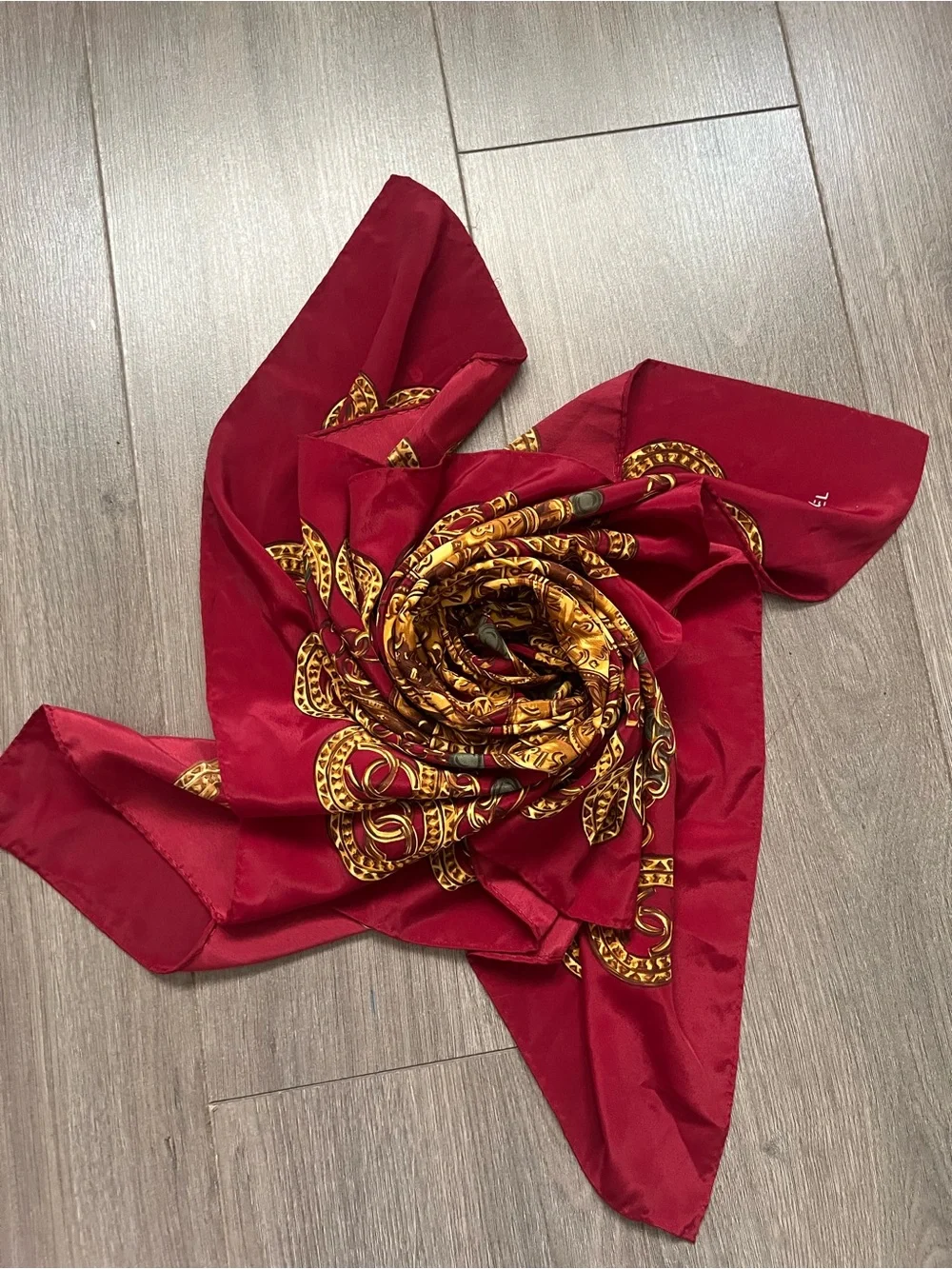 Rare Vintage Chanel Paris Silk Scarf Coin & Chain Print Burgundy Red